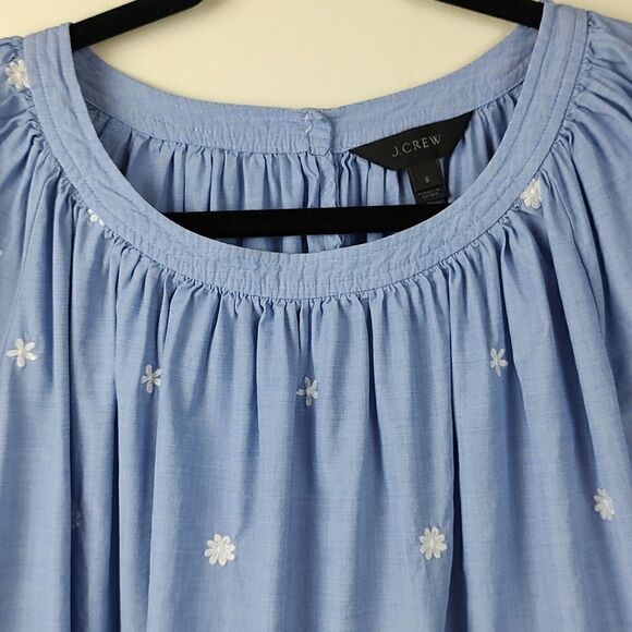 J. Crew The Perfect Embroidered Chambray Cotton Blouse Top Puff Sleeves Size S - Picture 5 of 12